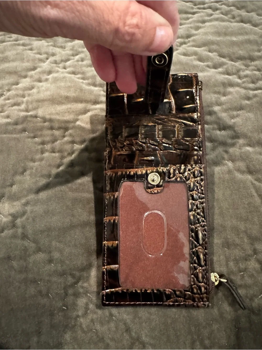 Brahmin Croc-Embossed Brown Zip Card Holder